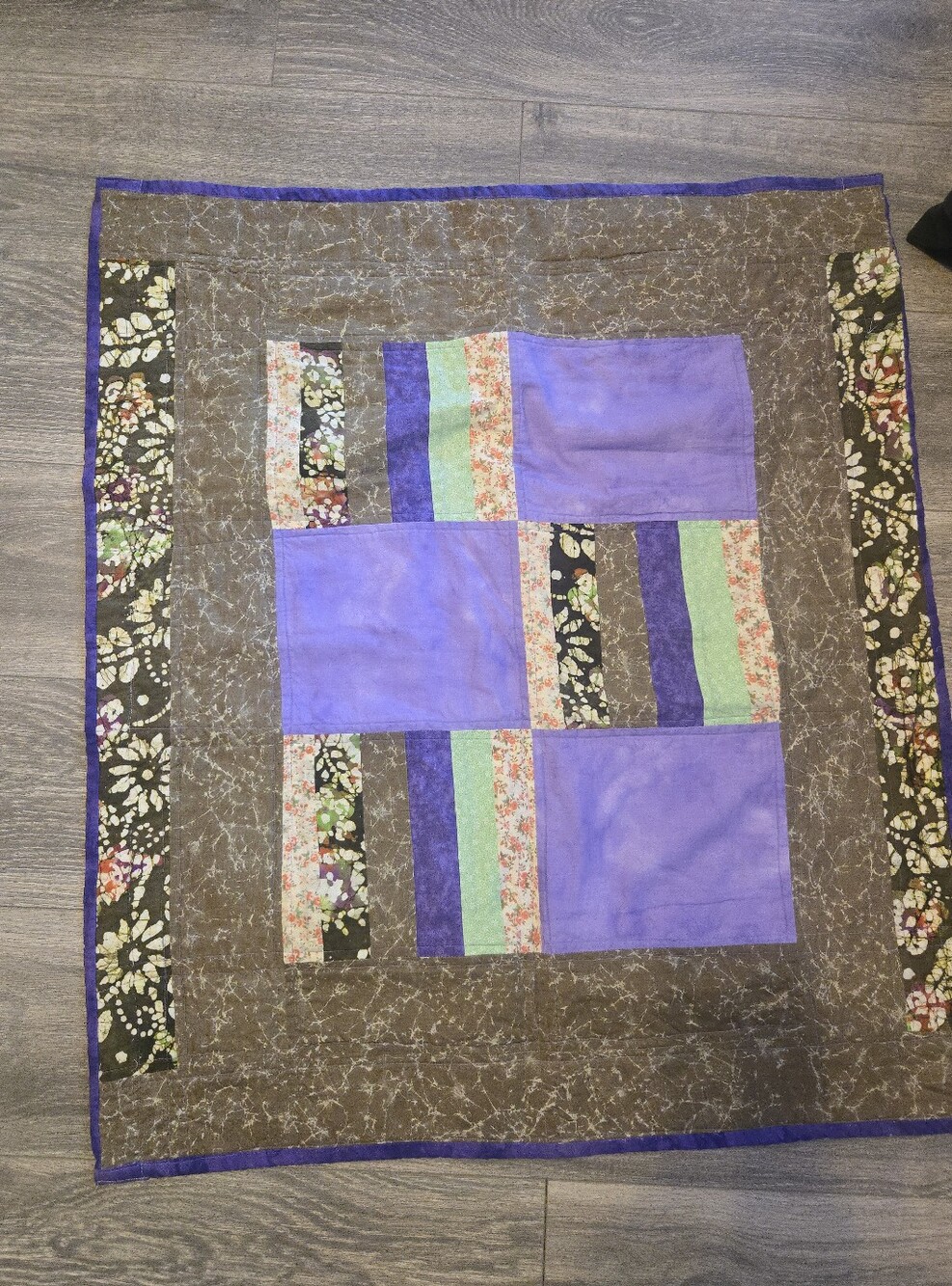 Handmade Patchwork Baby Quilt Square in Lavender, Brown and Floral